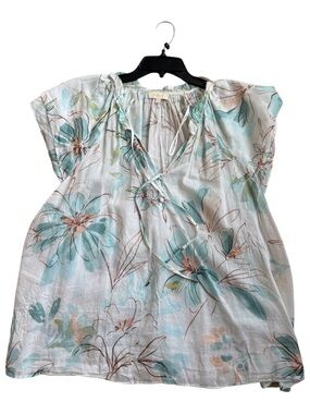 Parker XXL Floral Watercolor Linen Blouse Boho Peasant Tie-Neck Top Summer